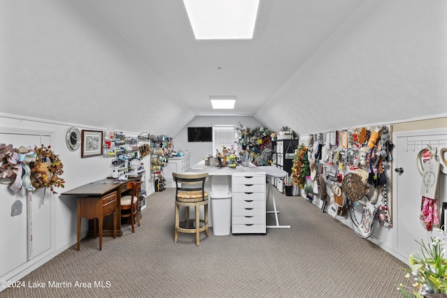 office space featuring light colored carpet and lofted ceiling