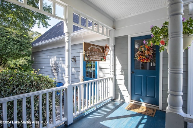 view of exterior entry with a porch