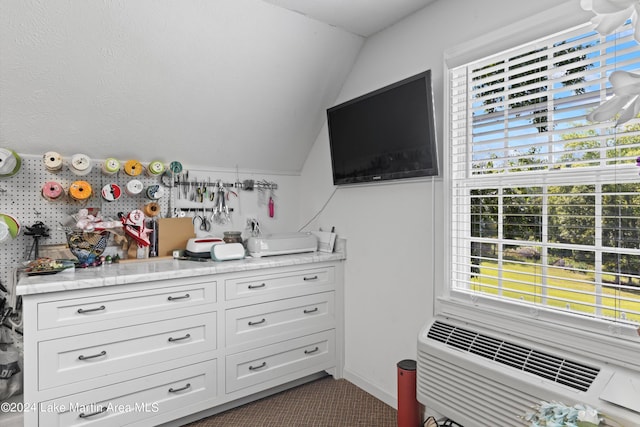 bedroom with carpet, a workshop area, multiple windows, and vaulted ceiling