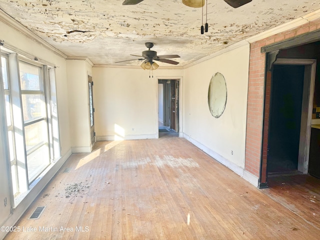 spare room with light wood-type flooring, visible vents, a ceiling fan, and ornamental molding