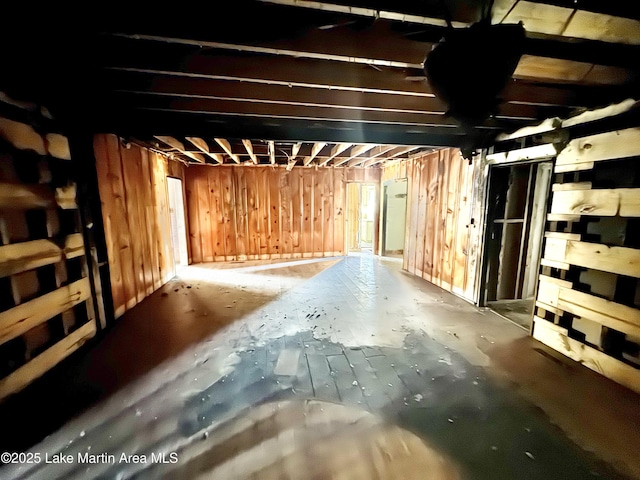 unfinished basement with wooden walls