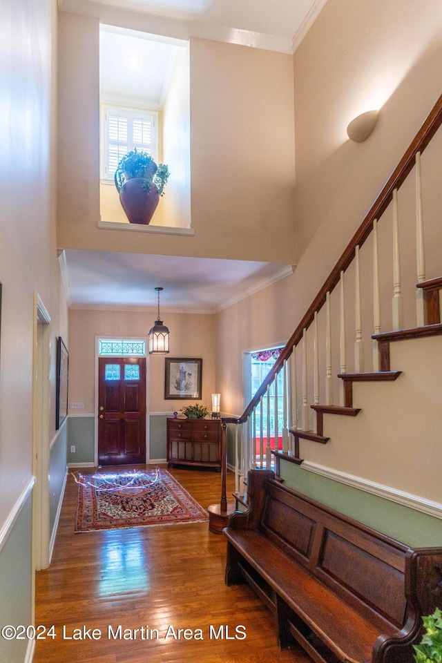 entrance foyer with wood-type flooring and ornamental molding