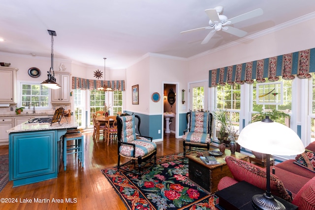 living room with dark wood-type flooring, ceiling fan with notable chandelier, and ornamental molding