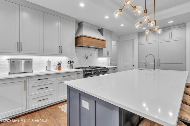 116 Glynmere Park, Alexander City, AL 35010 - kitchen with premium range hood, double oven range, a sink, recessed lighting, and light countertops