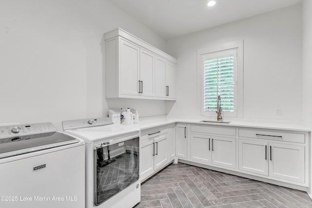 116 Glynmere Park, Alexander City, AL 35010 - clothes washing area with independent washer and dryer, brick patterned floors, cabinet space, and recessed lighting