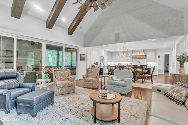 116 Glynmere Park, Alexander City, AL 35010 - living area featuring wood finished floors, a ceiling fan, high vaulted ceiling, recessed lighting, and a chandelier