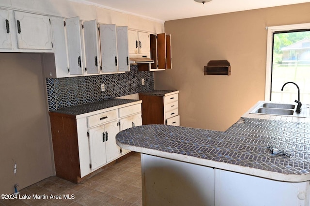 kitchen featuring decorative backsplash, white cabinetry, and sink