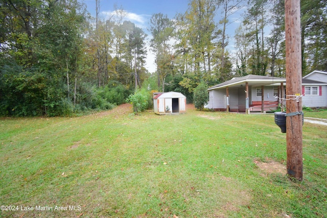 view of yard featuring covered porch and a shed