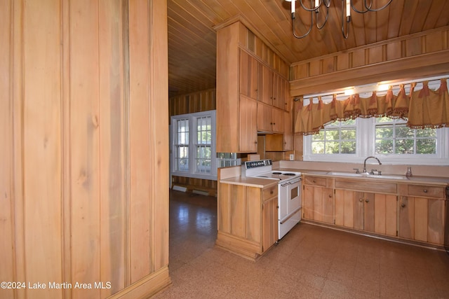 kitchen featuring sink, light brown cabinets, white electric range oven, wood walls, and wood ceiling