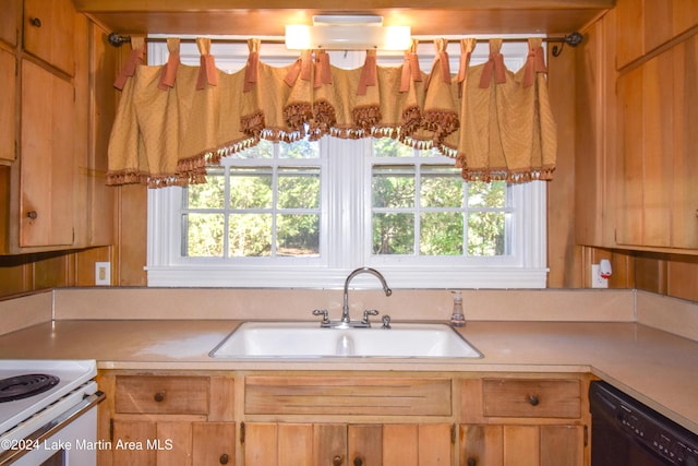 kitchen featuring white stove, dishwasher, and sink