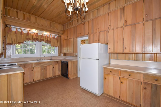 kitchen featuring wood ceiling, sink, white refrigerator, dishwasher, and wood walls