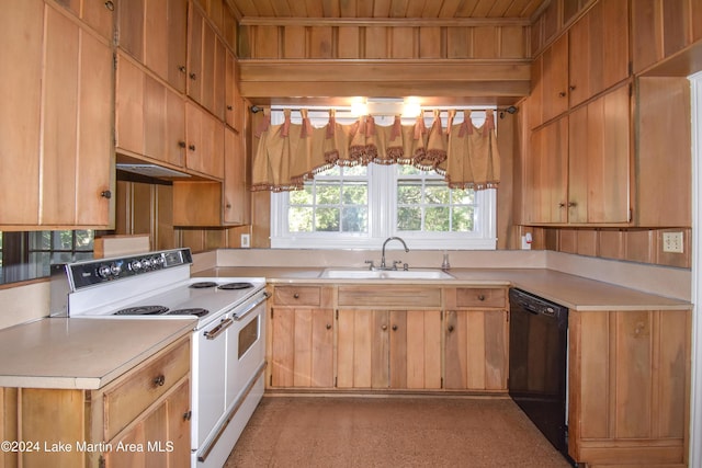 kitchen with sink, wooden ceiling, black dishwasher, white range with electric cooktop, and wood walls