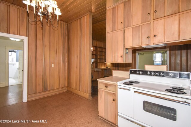 kitchen featuring a notable chandelier, wood walls, wooden ceiling, and white electric stove