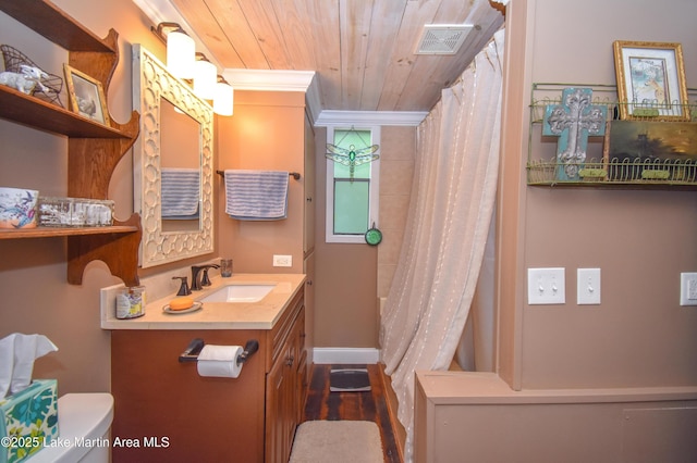 476 Brittney Ln, Jacksons Gap, AL 36861 - bathroom with vanity, wood ceiling, a shower with shower curtain, and wood finished floors