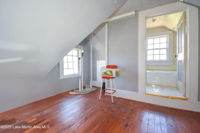 additional living space featuring a healthy amount of sunlight, lofted ceiling, and hardwood / wood-style floors