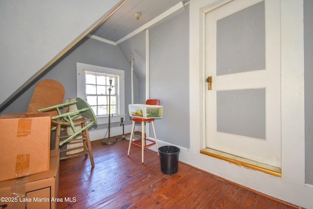 interior space with wood finished floors and vaulted ceiling