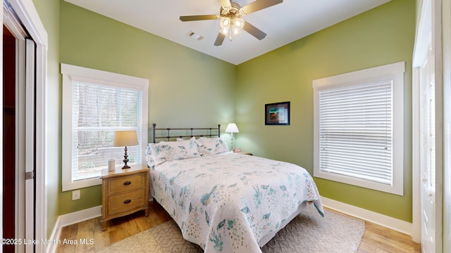 bedroom featuring light wood-style floors, baseboards, and visible vents