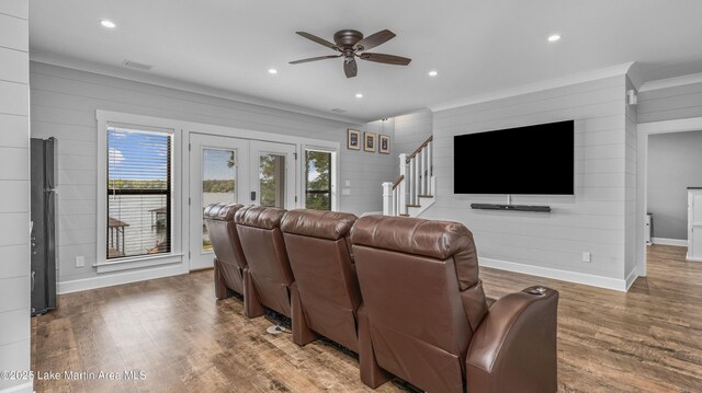 101 Mason Rd, Tallassee, AL 36078 - living room with crown molding, wood finished floors, ceiling fan, and stairs