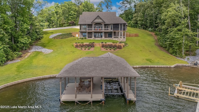 101 Mason Rd, Tallassee, AL 36078 - back of house featuring a yard, a balcony, a water view, roof with shingles, and boat lift