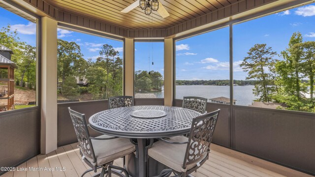 101 Mason Rd, Tallassee, AL 36078 - sunroom featuring wood finished floors, ceiling fan, and a deck with water view