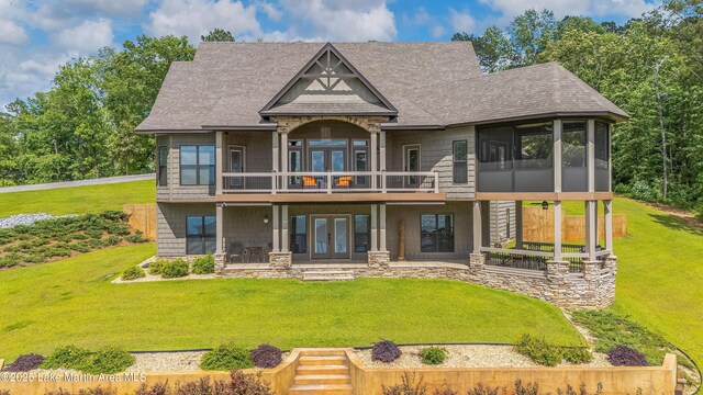 101 Mason Rd, Tallassee, AL 36078 - back of house with a lawn, french doors, stone siding, a sunroom, and a deck