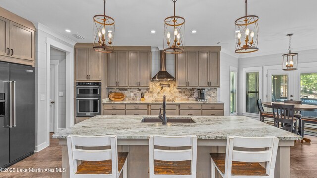101 Mason Rd, Tallassee, AL 36078 - kitchen featuring wall chimney range hood, ornamental molding, high end refrigerator, and a sink