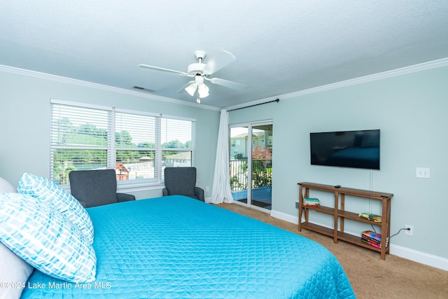 bedroom featuring carpet flooring, access to outside, ceiling fan, and crown molding