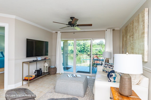 tiled living room featuring ceiling fan and crown molding