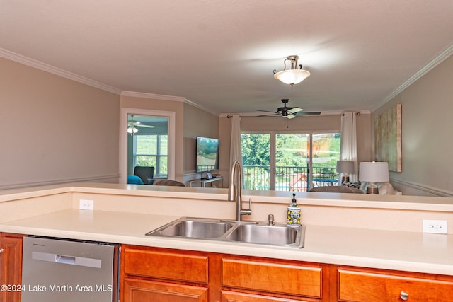 kitchen featuring dishwasher, ceiling fan, ornamental molding, and sink