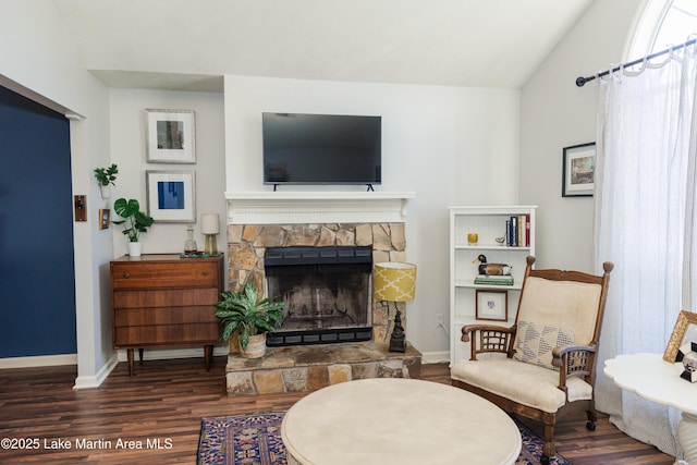963 Birch Ct, Auburn, AL 36830 - living area featuring wood finished floors, a stone fireplace, and vaulted ceiling
