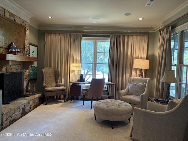 856 Windermere W Pkwy, Alexander City, AL 35010 - sitting room featuring ornamental molding, carpet flooring, an office area, a fireplace, and recessed lighting