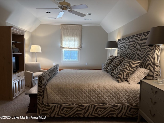 856 Windermere W Pkwy, Alexander City, AL 35010 - carpeted bedroom featuring lofted ceiling, a ceiling fan, and crown molding