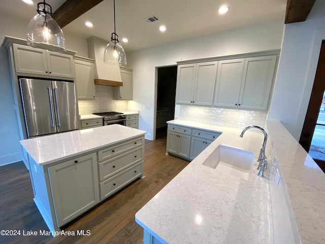 kitchen featuring sink, gray cabinetry, decorative light fixtures, high quality appliances, and light stone countertops