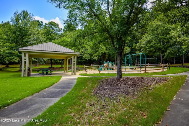 surrounding community with a gazebo, a lawn, and playground community