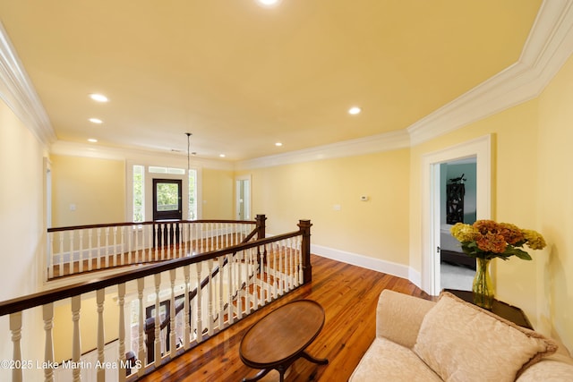476 Pear Tree Rd, Auburn, AL 36830 - hall featuring an upstairs landing, ornamental molding, wood finished floors, and recessed lighting