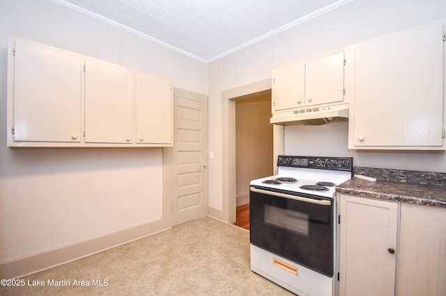 1330 Pearson Chapel Rd, Alexander City, AL 35010 - kitchen with white electric stove, under cabinet range hood, dark countertops, ornamental molding, and white cabinets