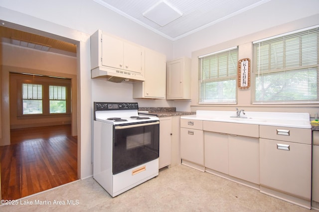 1330 Pearson Chapel Rd, Alexander City, AL 35010 - kitchen featuring white range with electric cooktop, custom range hood, ornamental molding, light countertops, and white cabinets