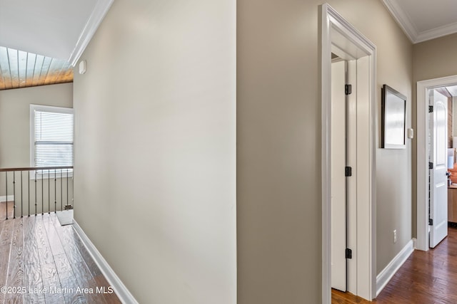 corridor featuring dark hardwood / wood-style flooring and crown molding