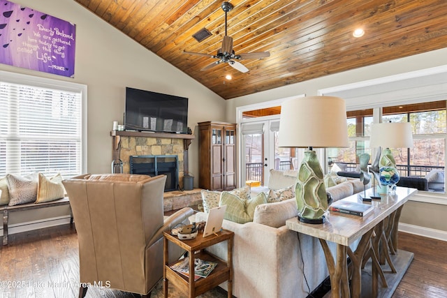 living room with a fireplace, dark hardwood / wood-style floors, vaulted ceiling, and wood ceiling