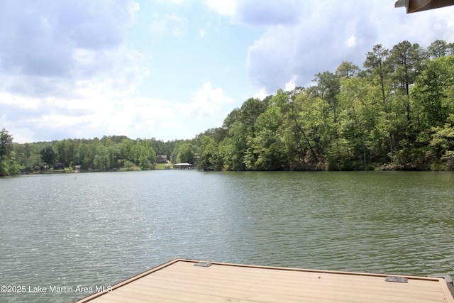 view of dock featuring a water view and a wooded view