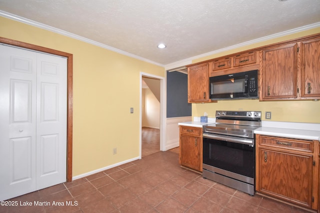 kitchen with ornamental molding, stainless steel range with electric stovetop, a textured ceiling, and tile patterned floors