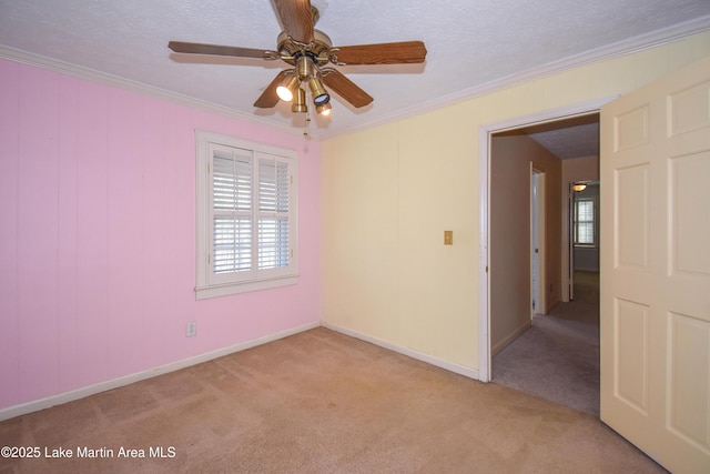 unfurnished room featuring light carpet, a textured ceiling, and ornamental molding