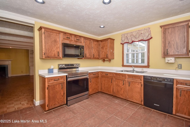 kitchen featuring a textured ceiling, sink, black appliances, and ornamental molding