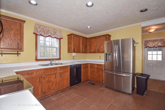 kitchen with plenty of natural light, dishwasher, stainless steel fridge, and sink