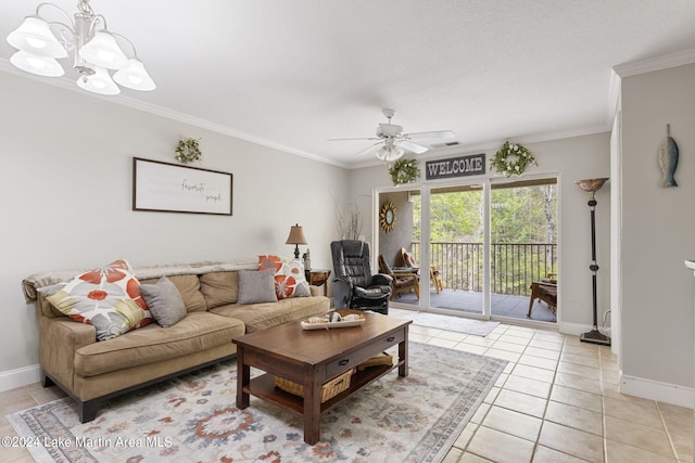 living room with ceiling fan with notable chandelier, light tile patterned flooring, and ornamental molding