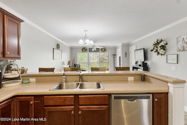 kitchen featuring dishwasher, sink, ornamental molding, a textured ceiling, and a notable chandelier