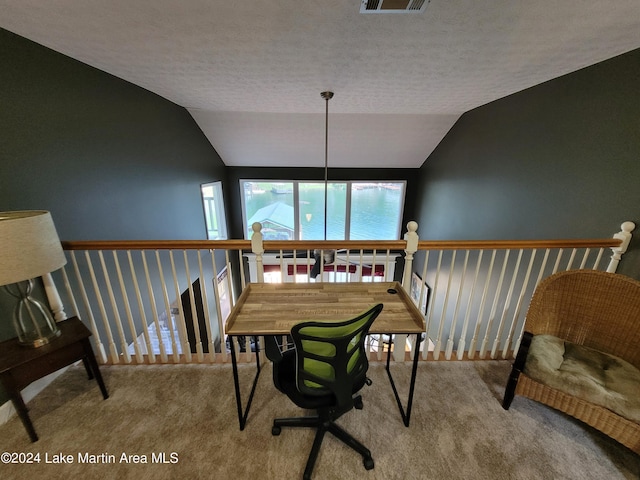 carpeted dining room featuring a textured ceiling and vaulted ceiling