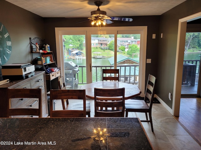 dining area with ceiling fan and light hardwood / wood-style floors