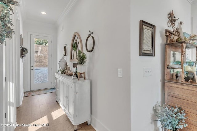 interior space with crown molding and light hardwood / wood-style floors