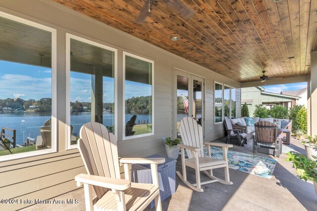 218 Williams Rd, Alexander City, AL 35010 - view of patio / terrace featuring outdoor lounge area, a water view, and a ceiling fan